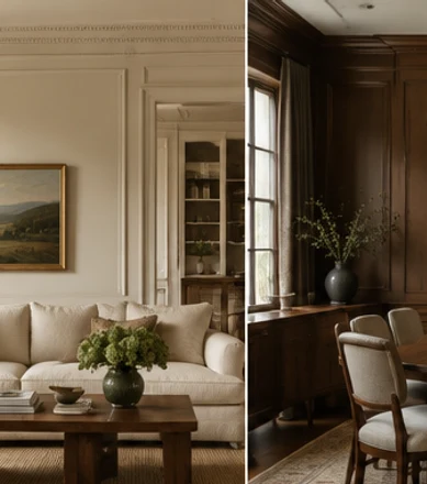 New traditional living room with classic trim and a relaxed modern sofa.