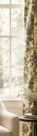 Patterned curtains paired with simple furniture in a fresh traditional room.