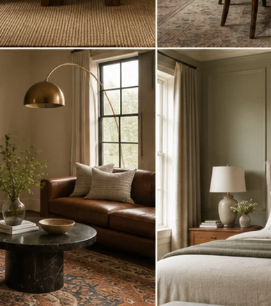 Vintage rug grounding a room with contemporary sculptural lighting.