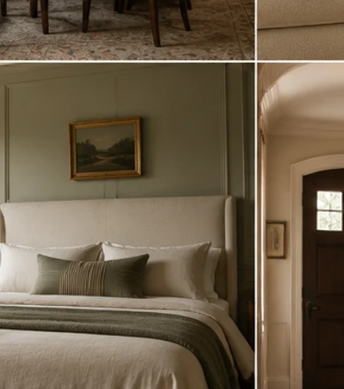Paneled bedroom softened with relaxed linen bedding and minimal accessories.