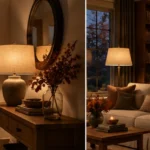Entryway lamp creating a warm welcome at dusk.