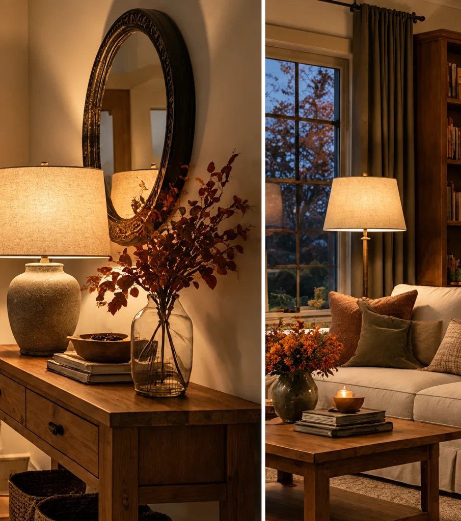 Entryway lamp creating a warm welcome at dusk.
