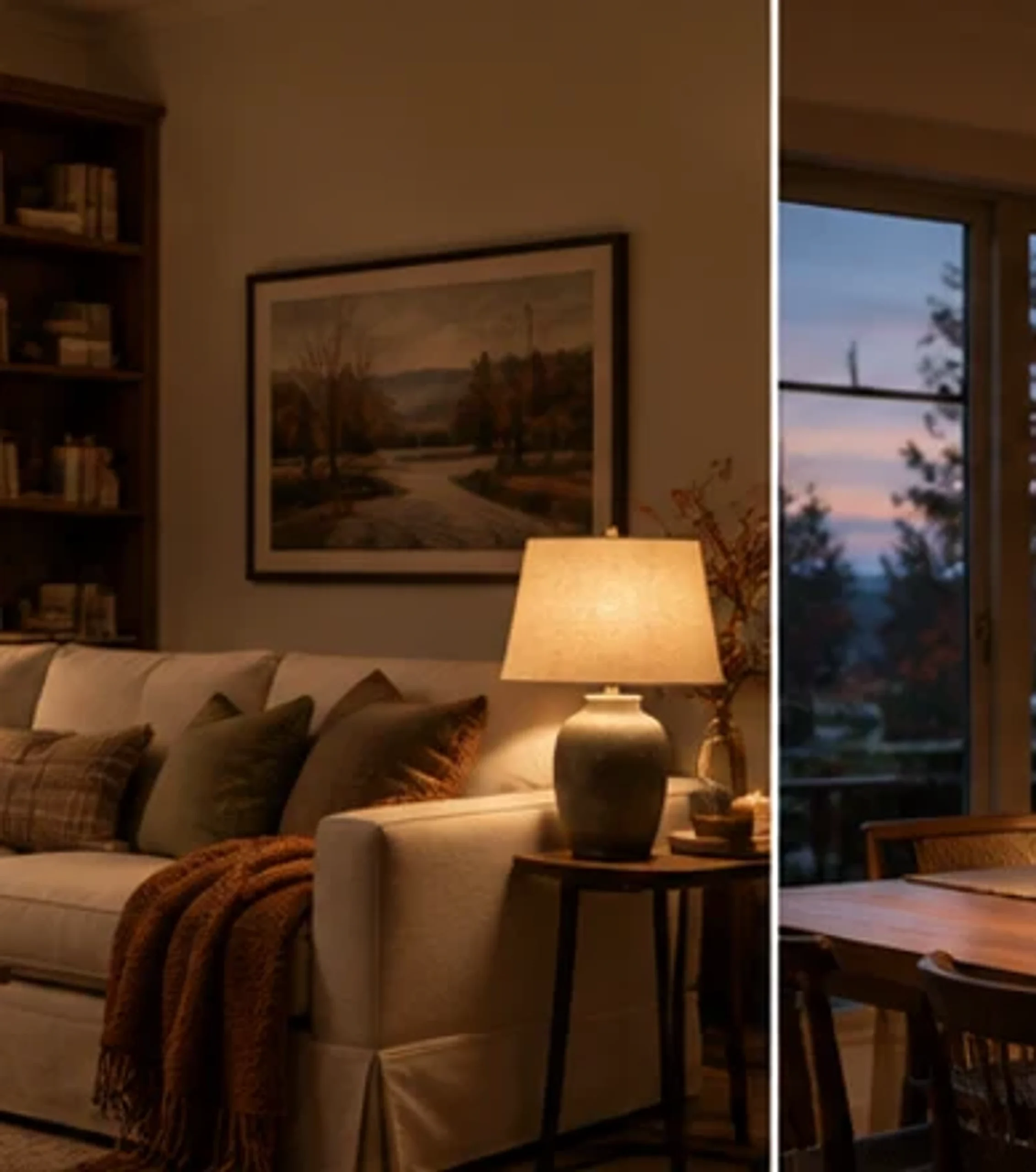 Living room layered with several lamps for a softer fall evening.