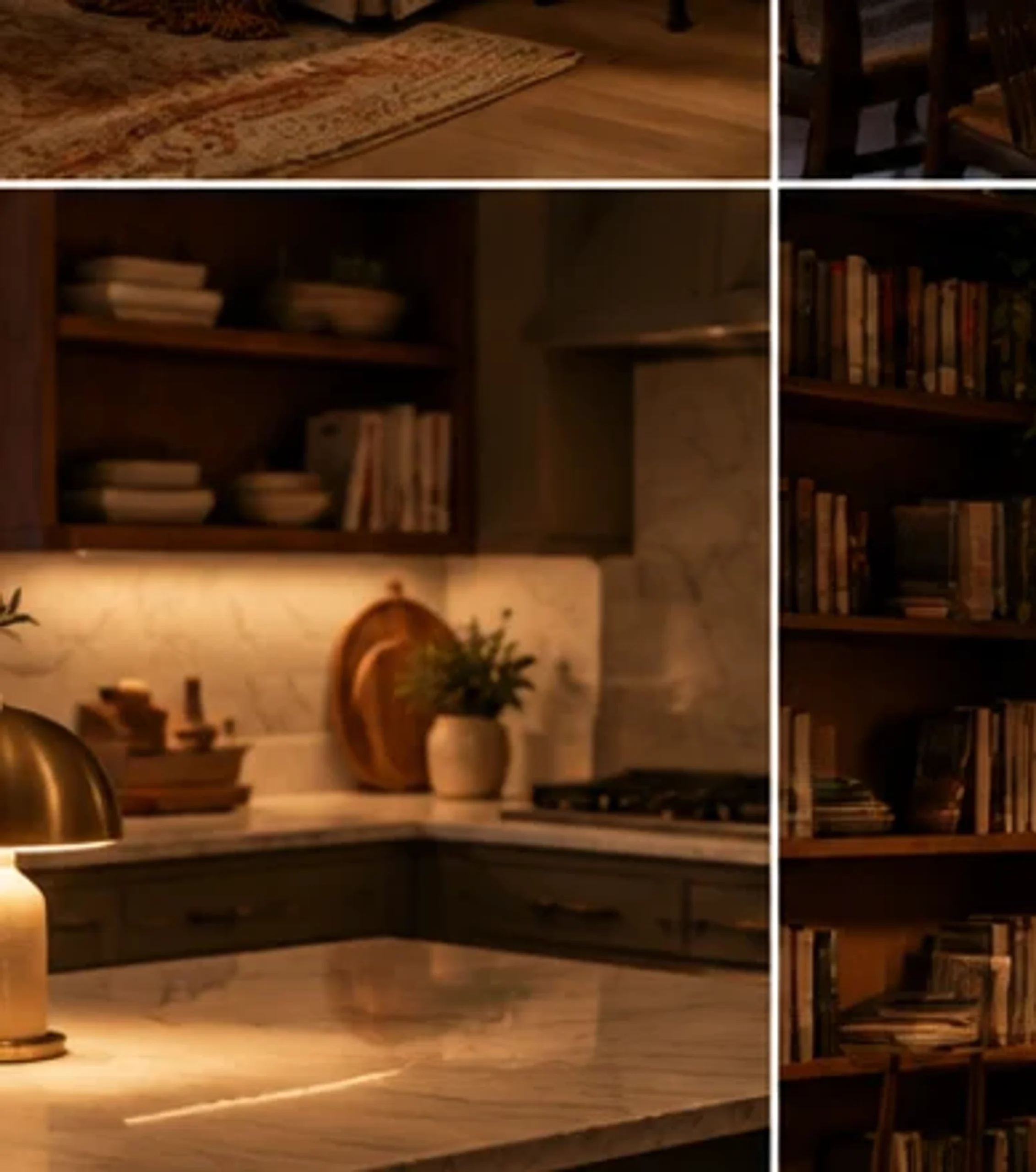 Small kitchen counter lamp adding gentle light after sunset.