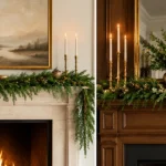 Christmas mantel with restrained evergreen garland and warm white lights.