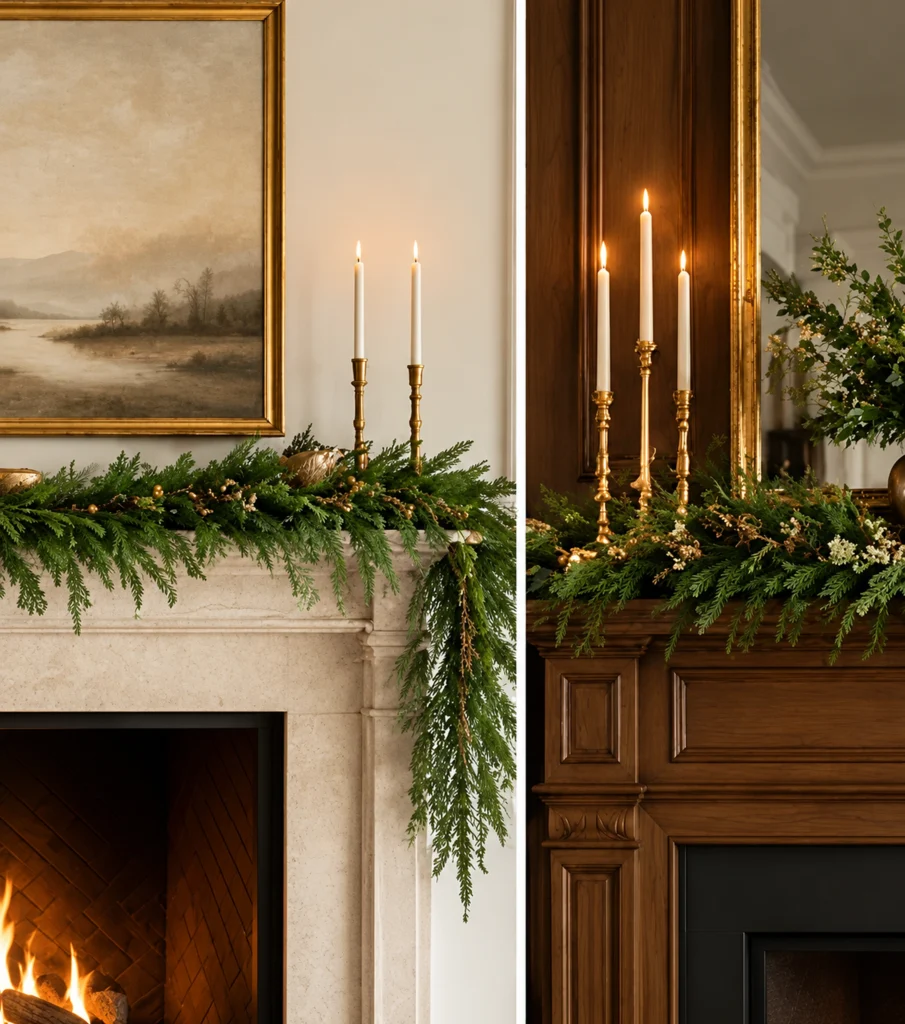 Christmas mantel with restrained evergreen garland and warm white lights.