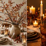 Fall dining table with linen, seasonal branches and generous clear serving space.