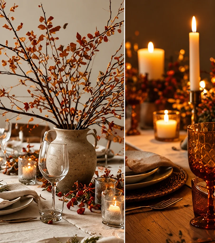 Fall dining table with linen, seasonal branches and generous clear serving space.