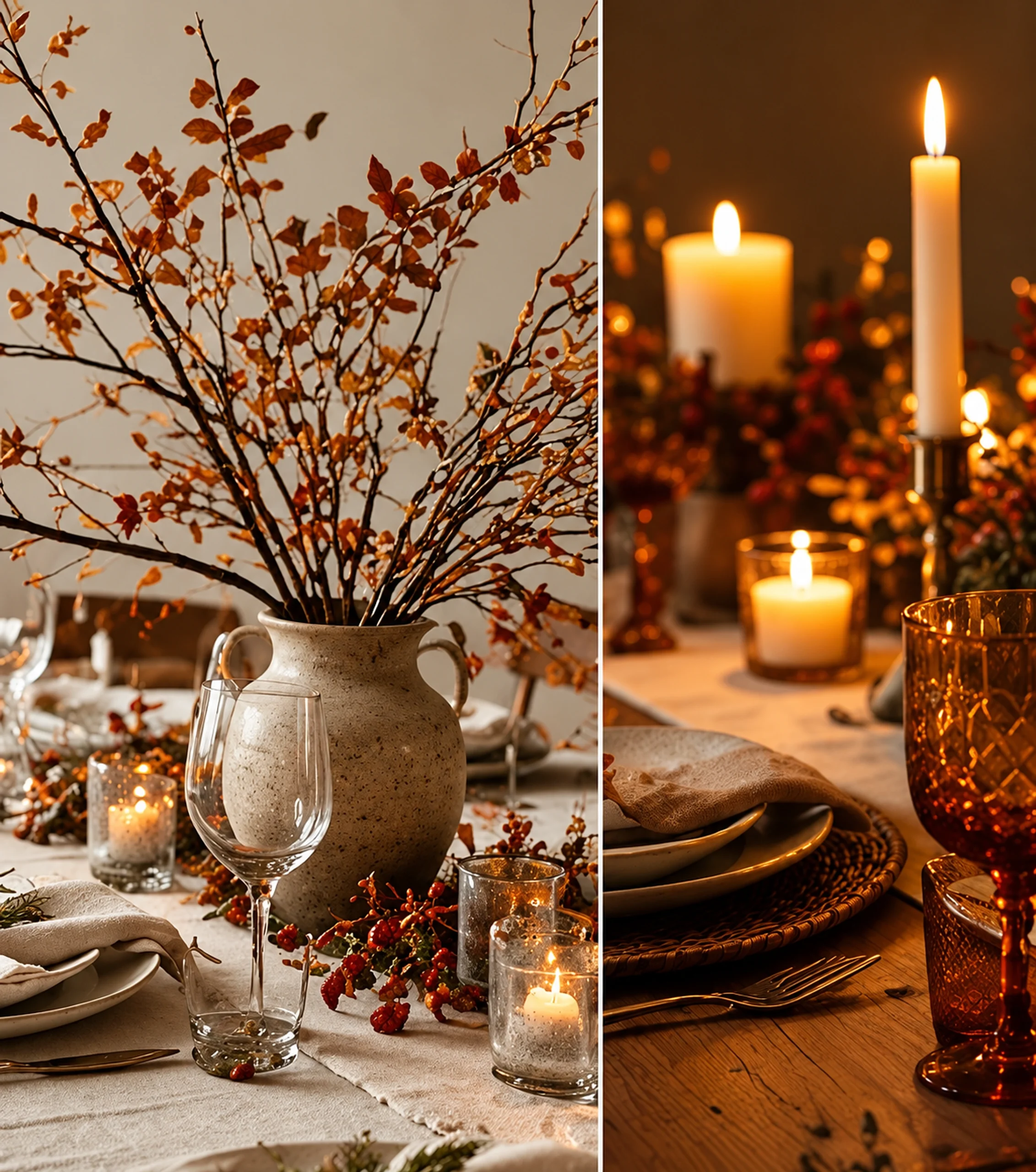 Fall dining table with linen, seasonal branches and generous clear serving space.