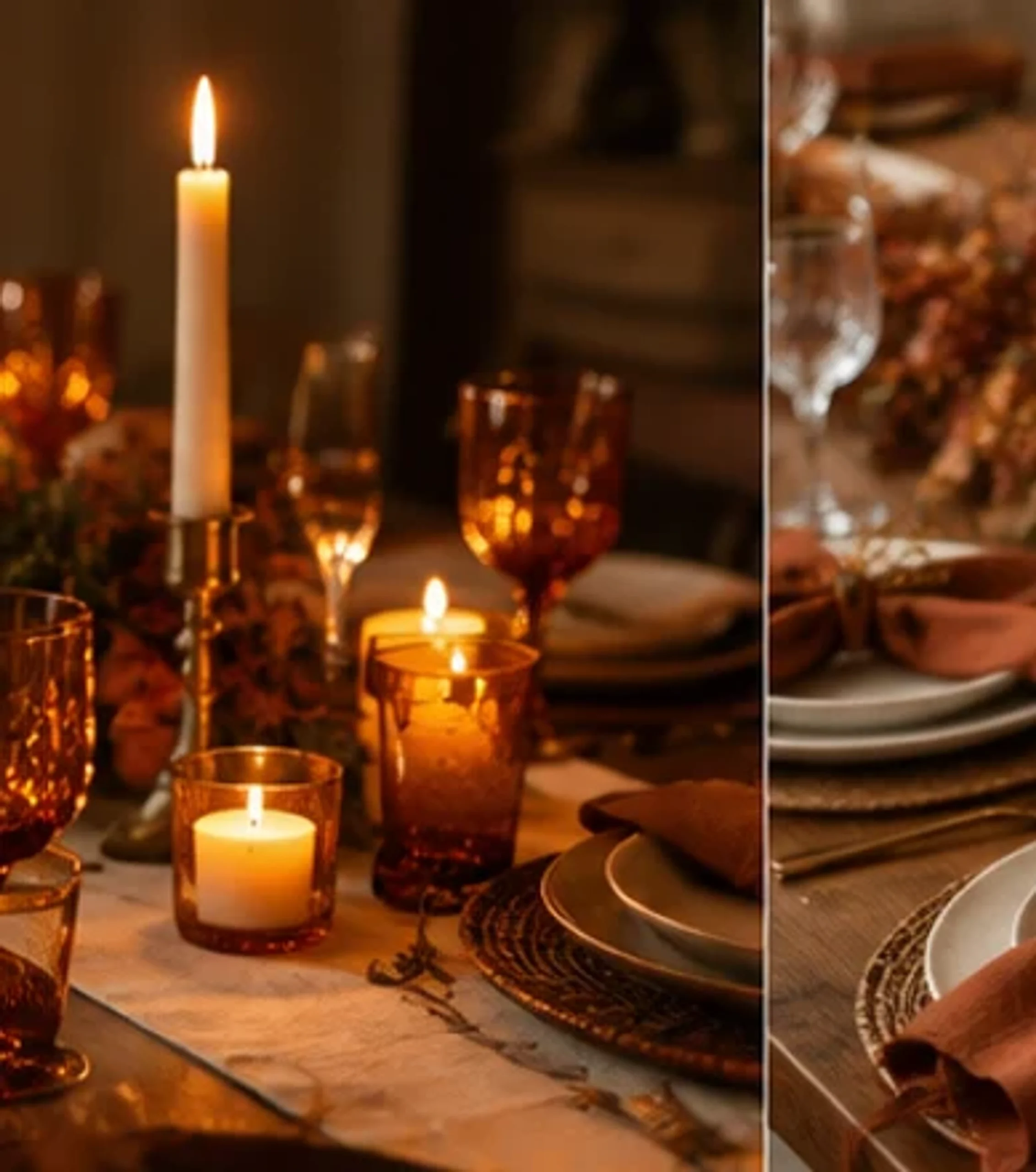 Autumn table setting with amber glassware and low candles.