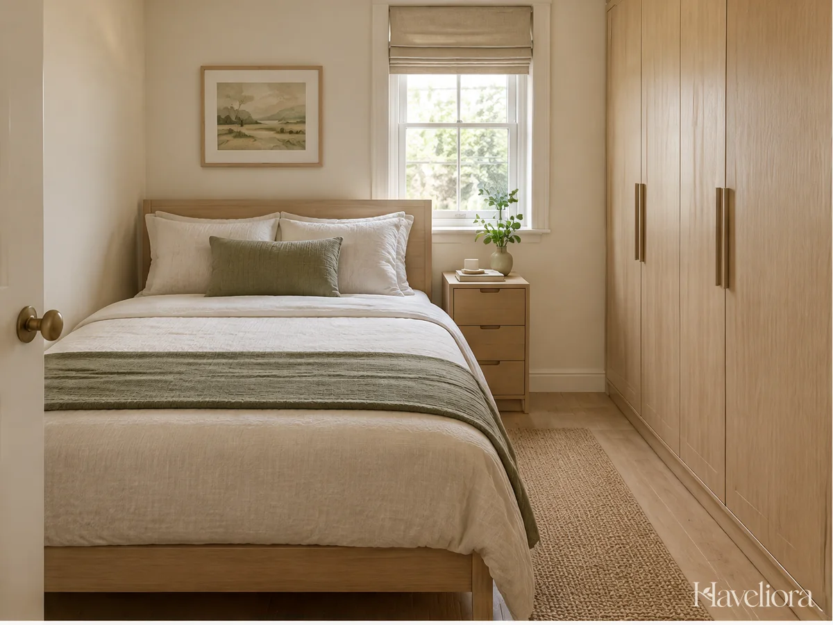Compact bedroom with a slim bed frame, narrow bedside cabinet and clear walking route.