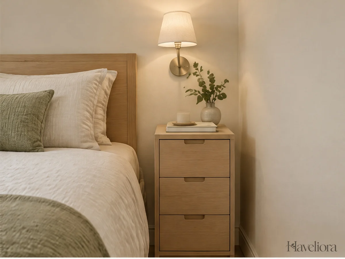 Slim bedside drawer unit with a wall-mounted light and a clear tabletop beside a cream bed.