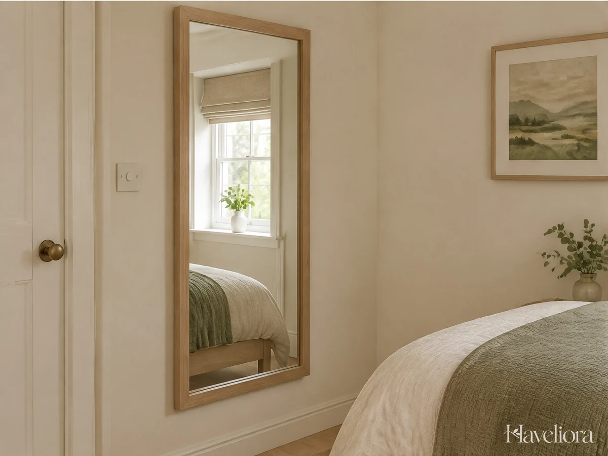 Tall wood-framed mirror mounted on a small bedroom wall and reflecting a bright uncluttered area.