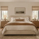 Warm ivory bedroom with an oatmeal upholstered bed, caramel throw and oak bedside furniture.