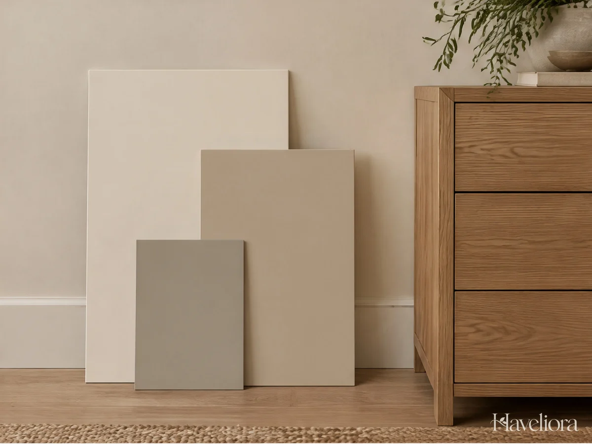 Large pale neutral sample boards compared beside warm wooden bedroom furniture.