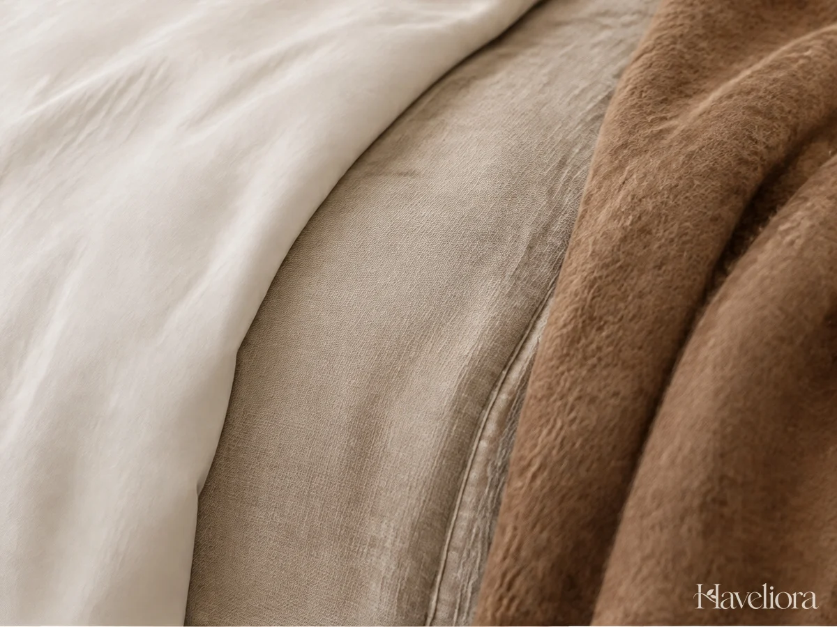 Close layers of smooth ivory bedding, oatmeal linen and a camel textured blanket.