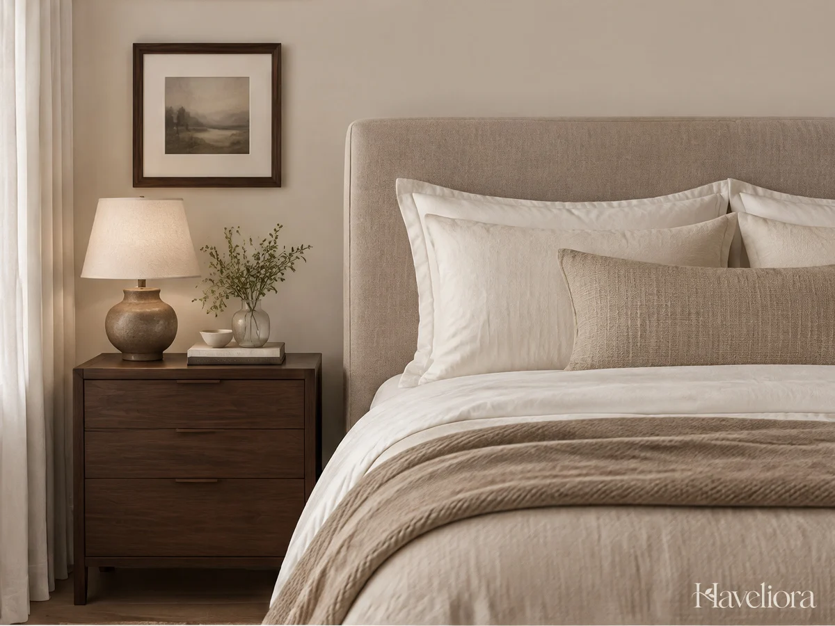 Pale neutral bedding contrasted with a dark walnut bedside cabinet and a slim darker frame.