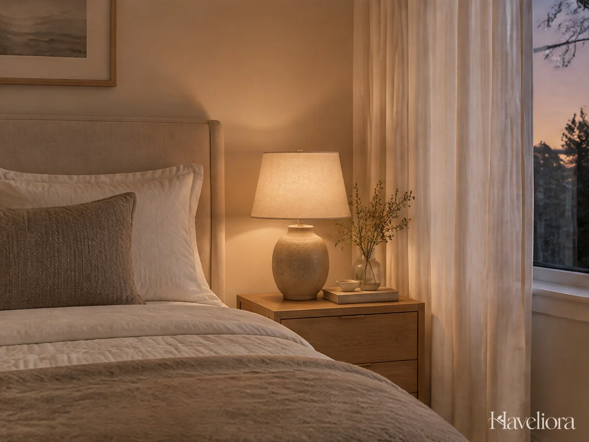 Cream bedroom with ivory curtains and gently glowing fabric-shaded bedside lighting.