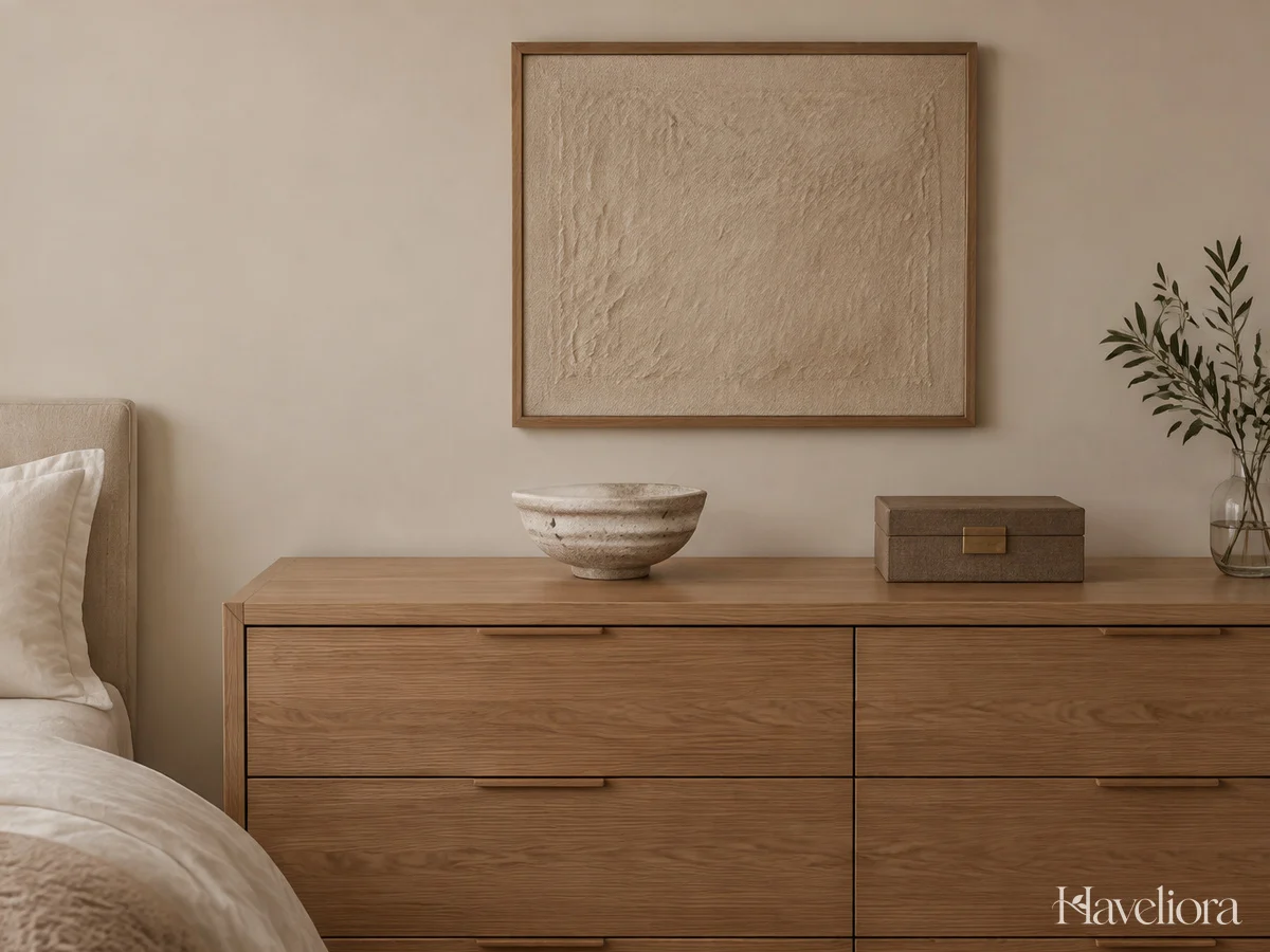 Neutral bedroom dresser with textured artwork, a ceramic bowl and a keepsake box.