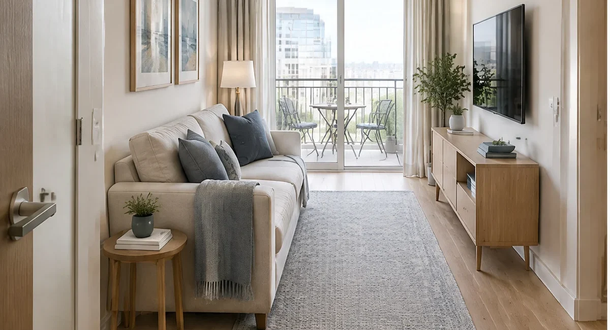 Narrow living room with a sofa along the wall and an unobstructed route to the window.