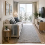 Narrow living room with a sofa along the wall and an unobstructed route to the window.
