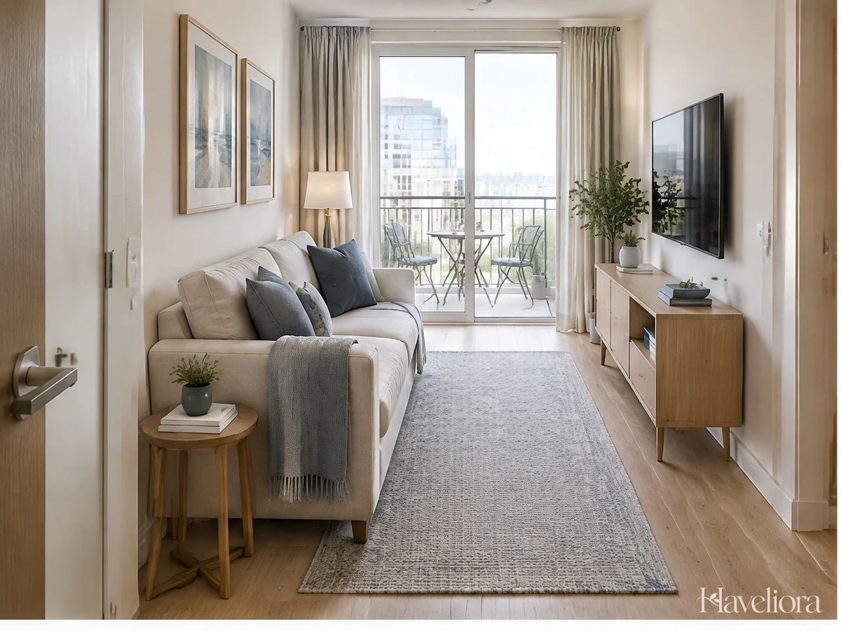 Narrow living room with a sofa along one wall and an unobstructed route toward the window.