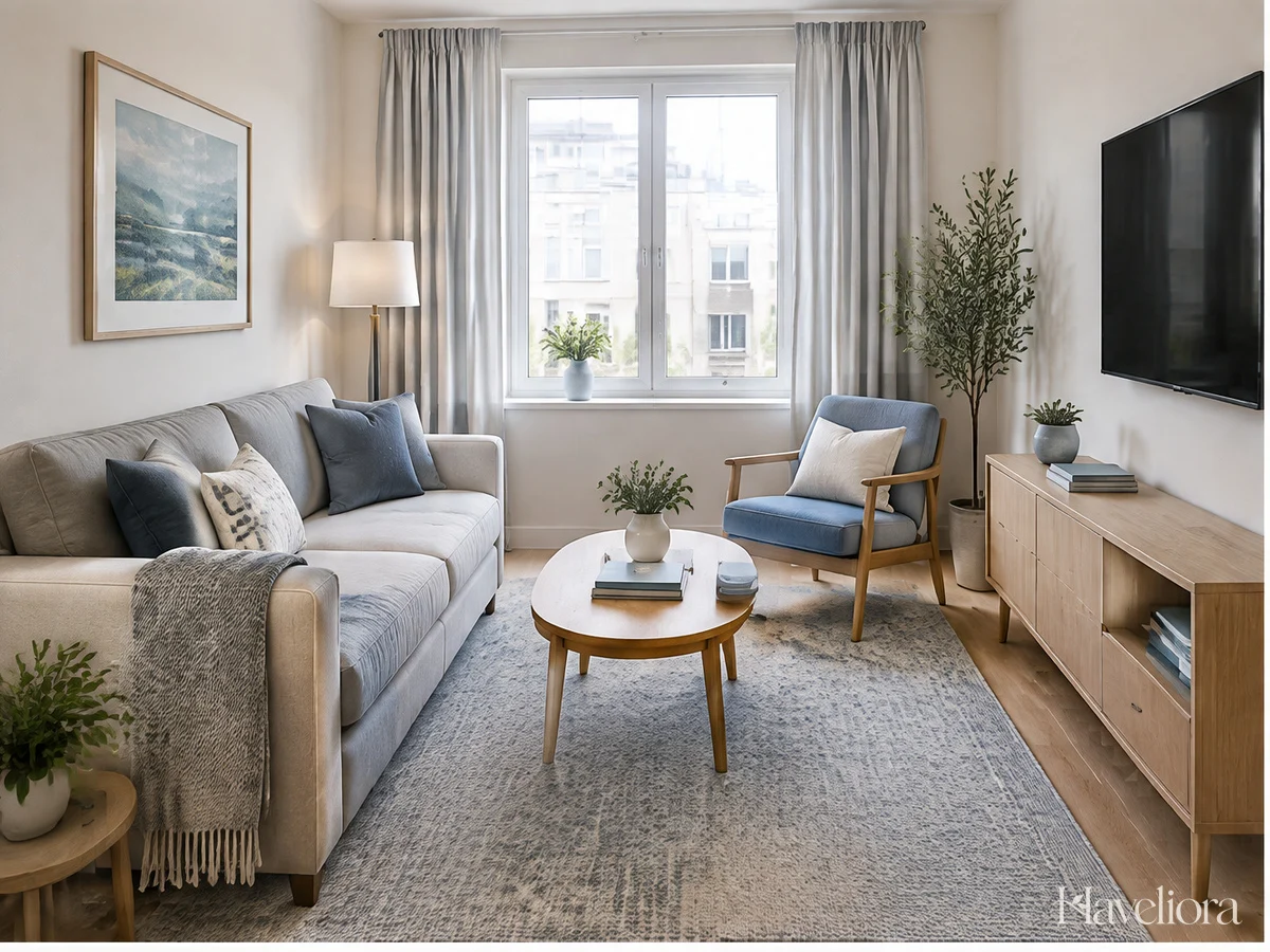 Small living room with one sofa, a lightweight accent chair and a modest oval coffee table.