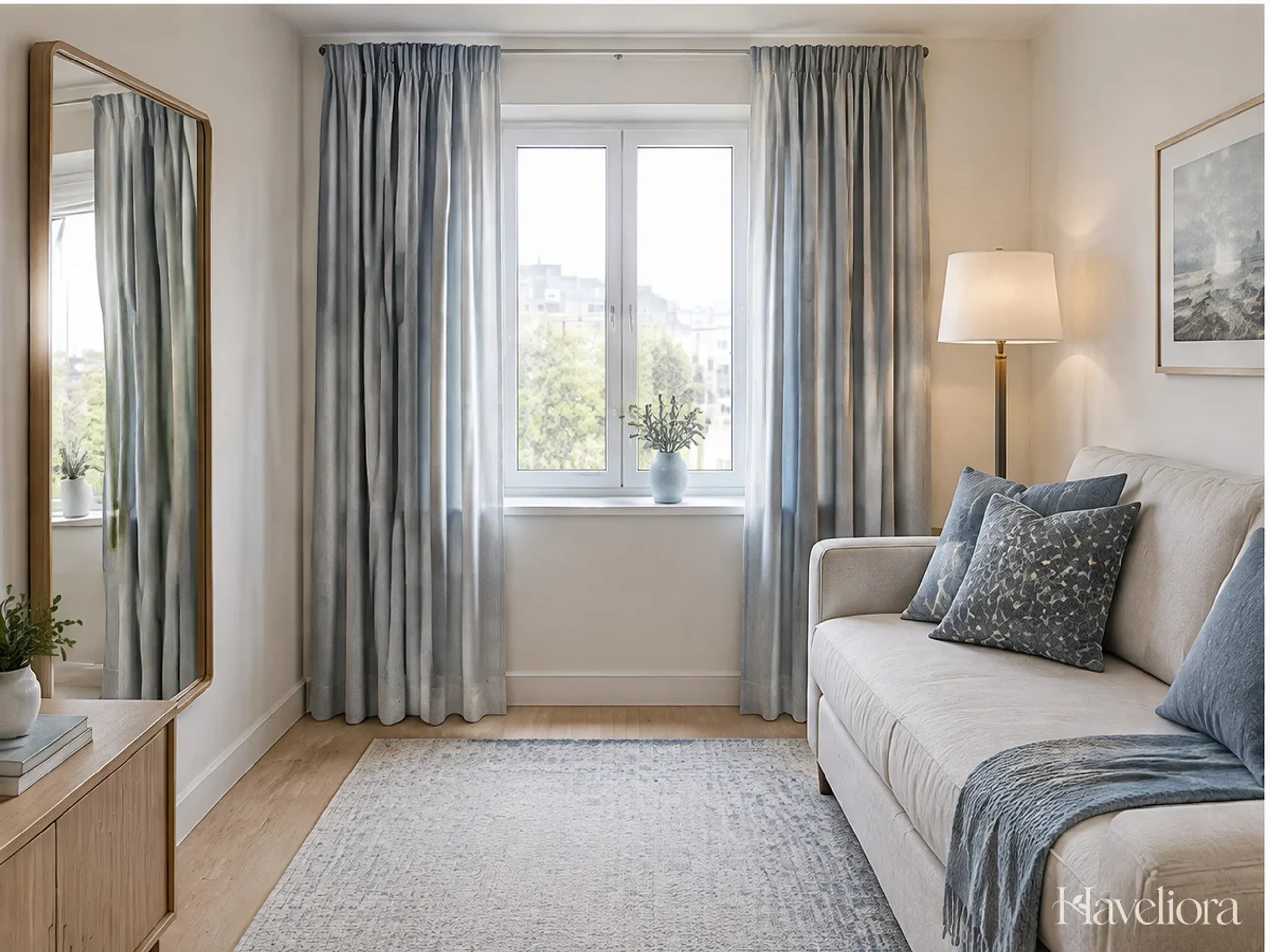 Light curtains drawn back from a living-room window with a mirror reflecting the bright interior.