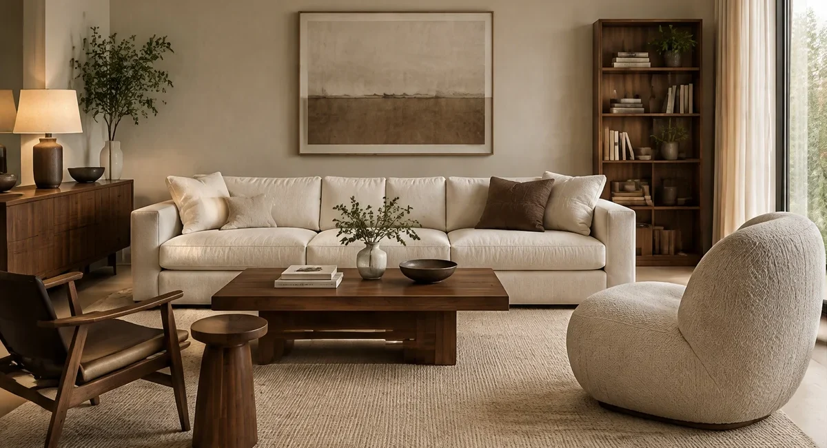 Cream sofa, walnut furniture and a rounded accent chair in a calm modern living room.