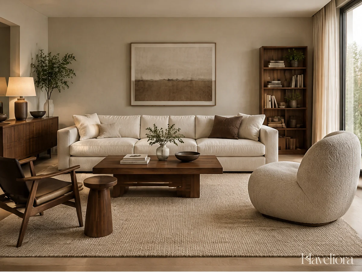 Warm modern living room with a plain cream sofa, walnut furniture and a rounded accent chair.