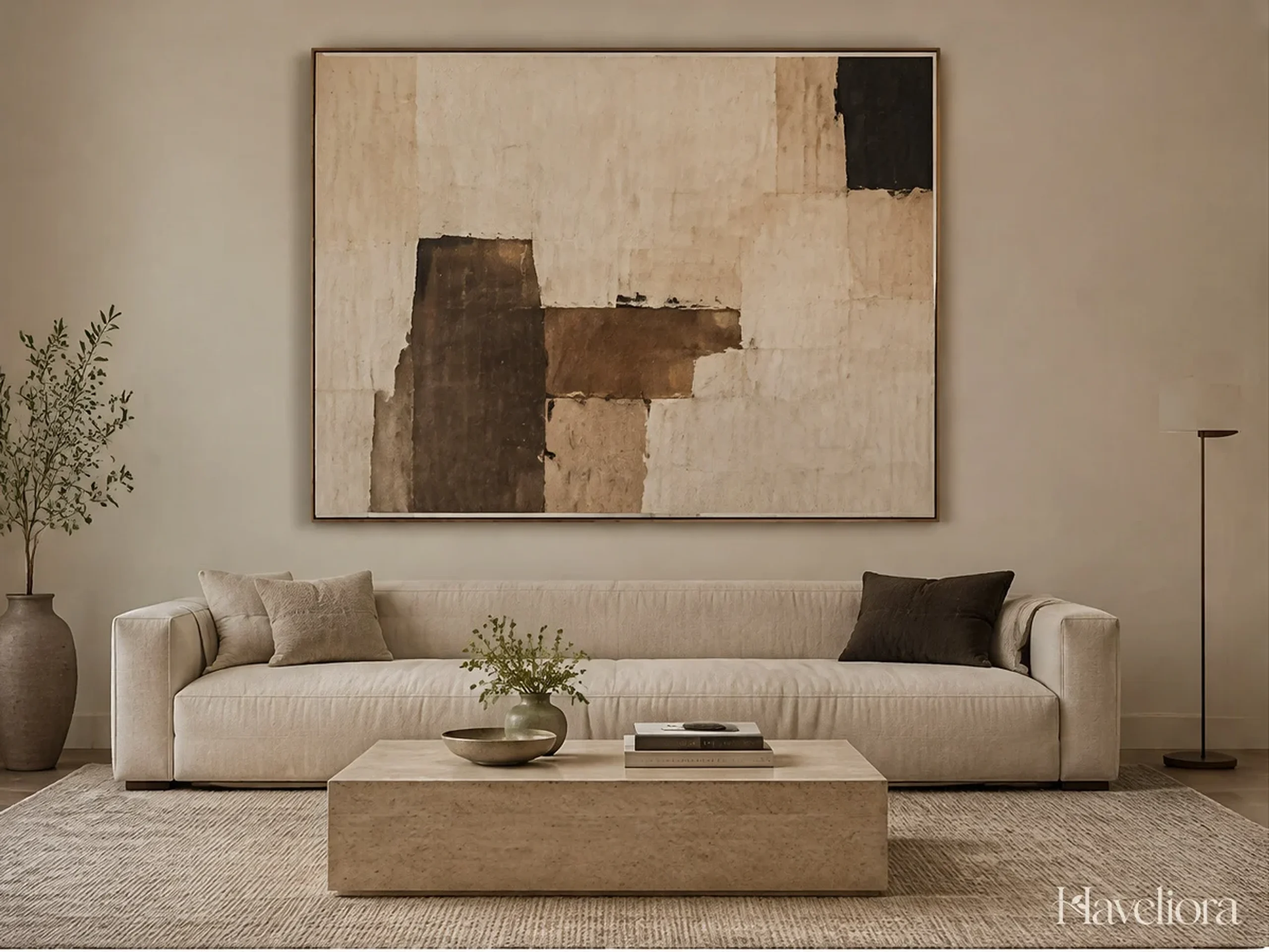 Large original artwork above a simple console in a warm neutral room.