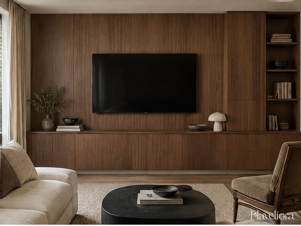 Modern media area with a closed walnut cabinet, secured television and discreet cable management.