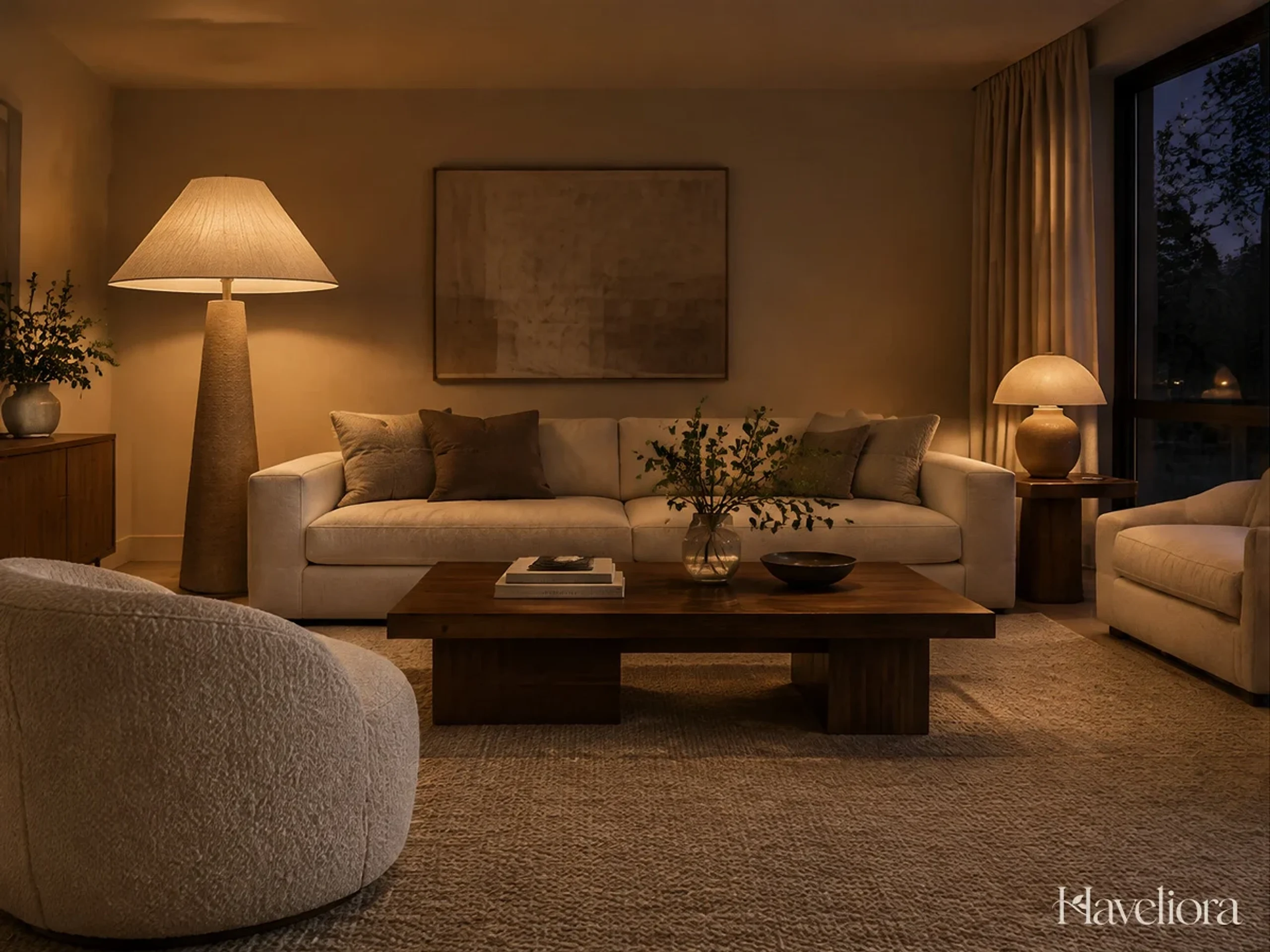 Sculptural shaded lamp beside contemporary seating with soft light across a pale wall.