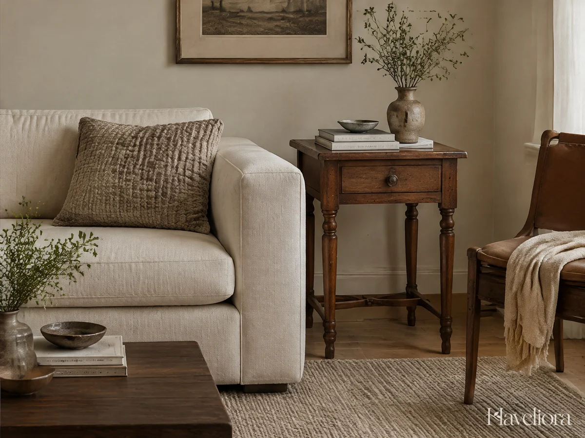Contemporary living-room seating paired with a vintage wooden side table, books and a textured cushion.