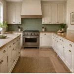 Warm kitchen counter with everyday utensils grouped beside a clear food-preparation surface.