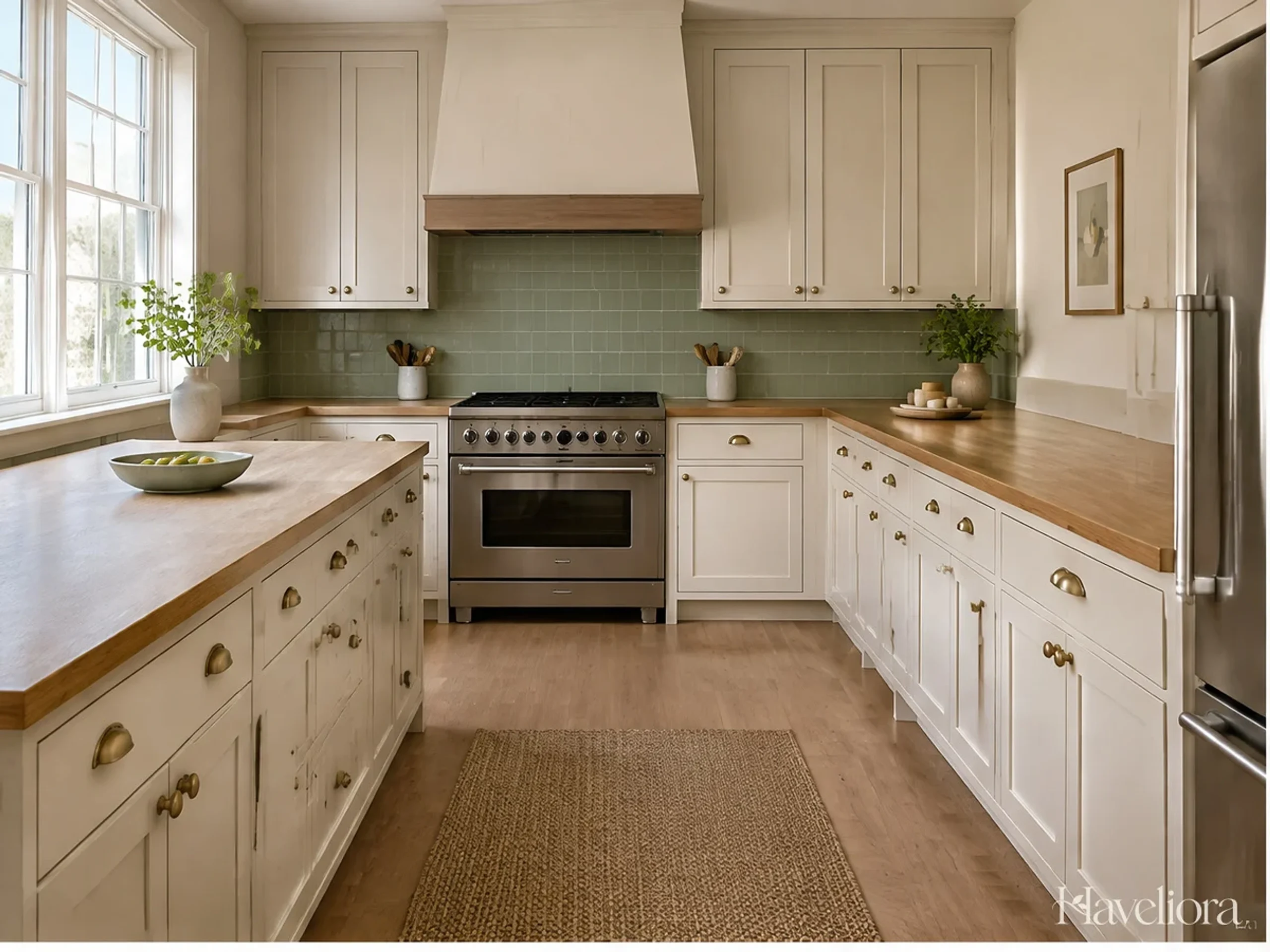 Warm cream kitchen with a clear preparation counter and restrained decoration at the far end.