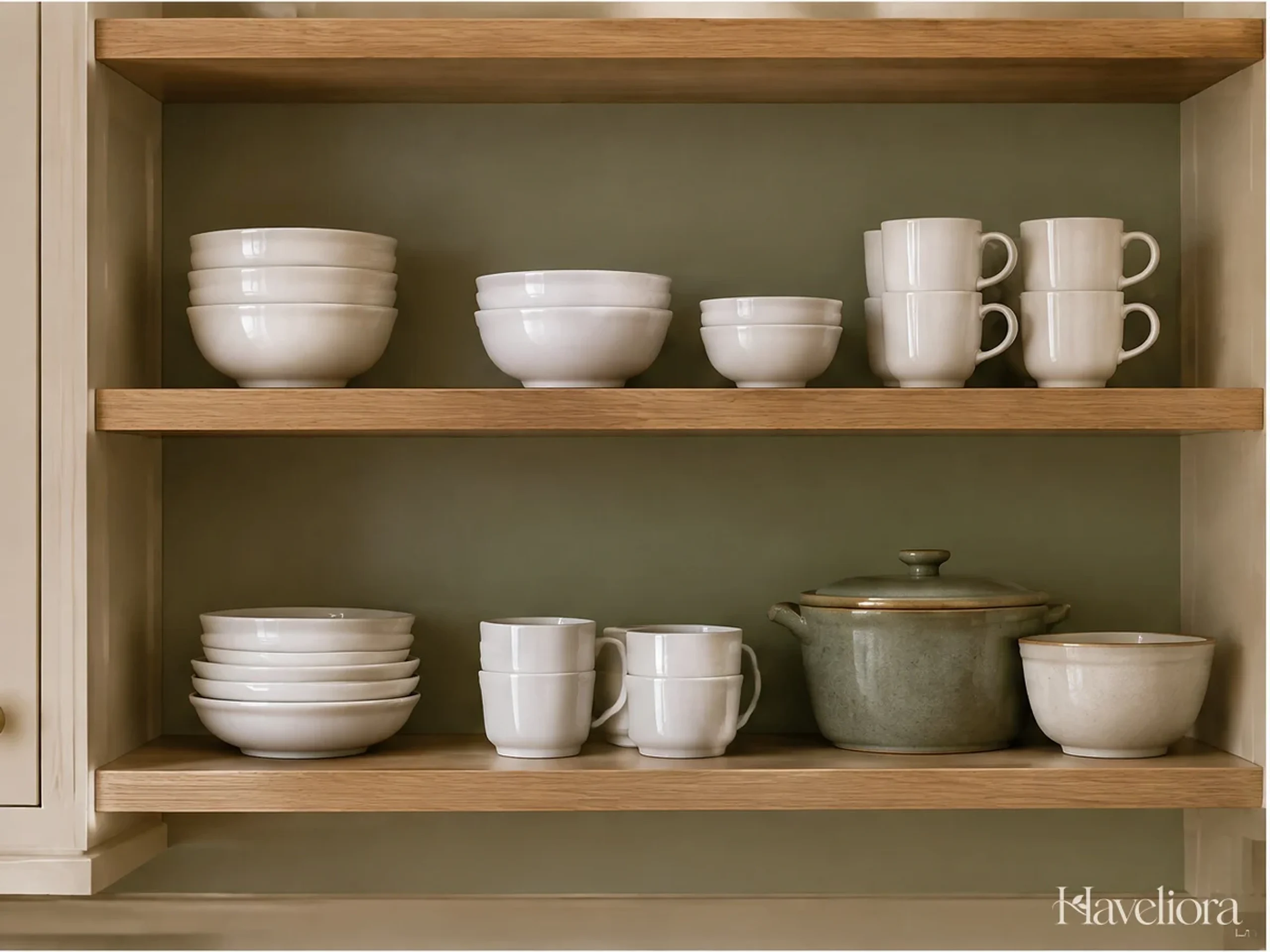 A shallow kitchen shelf displaying a small practical group of white bowls and cups away from the stove.