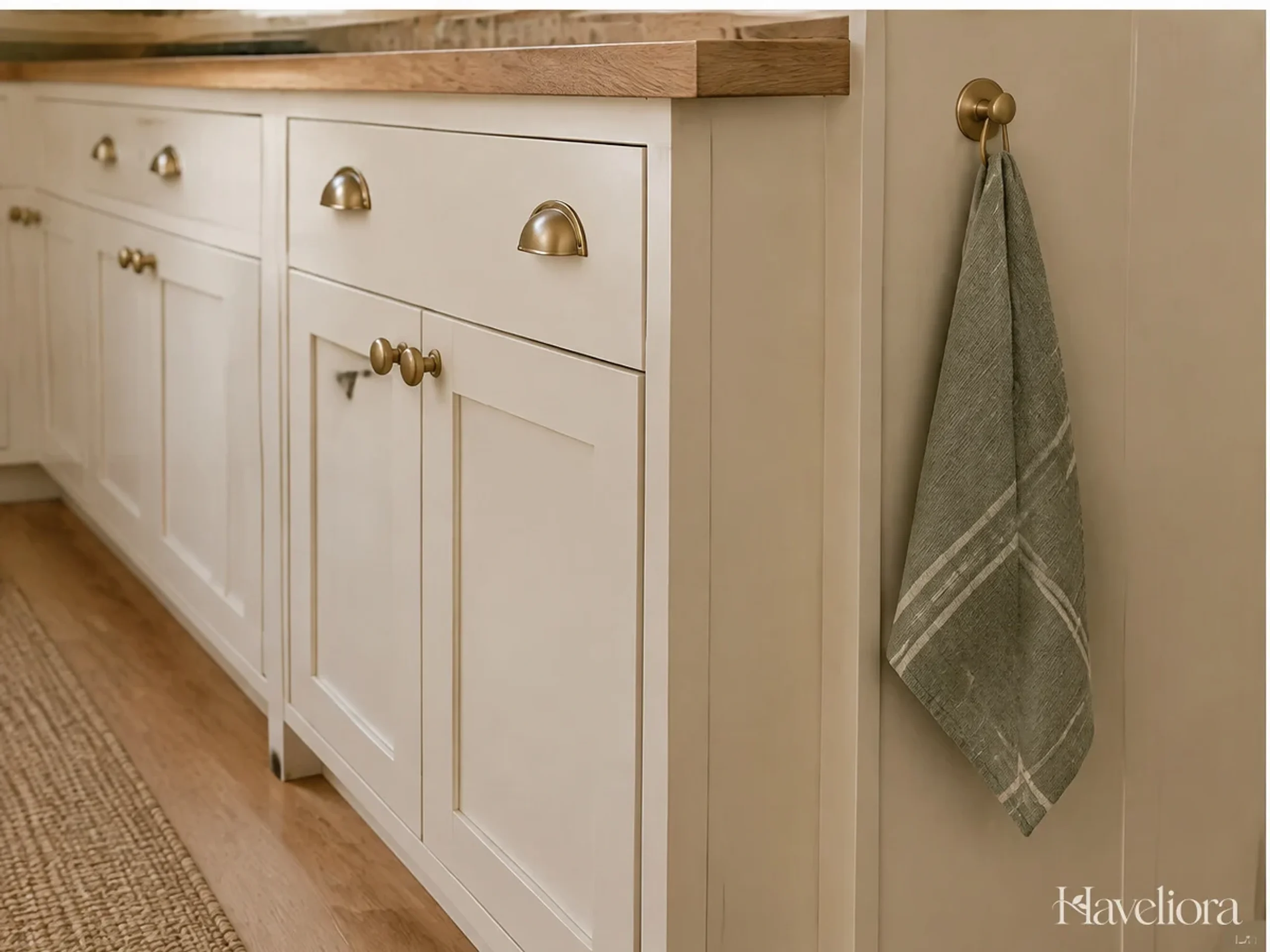 Coordinated kitchen cabinet handles and a neutral towel on a hook away from the cooking area.