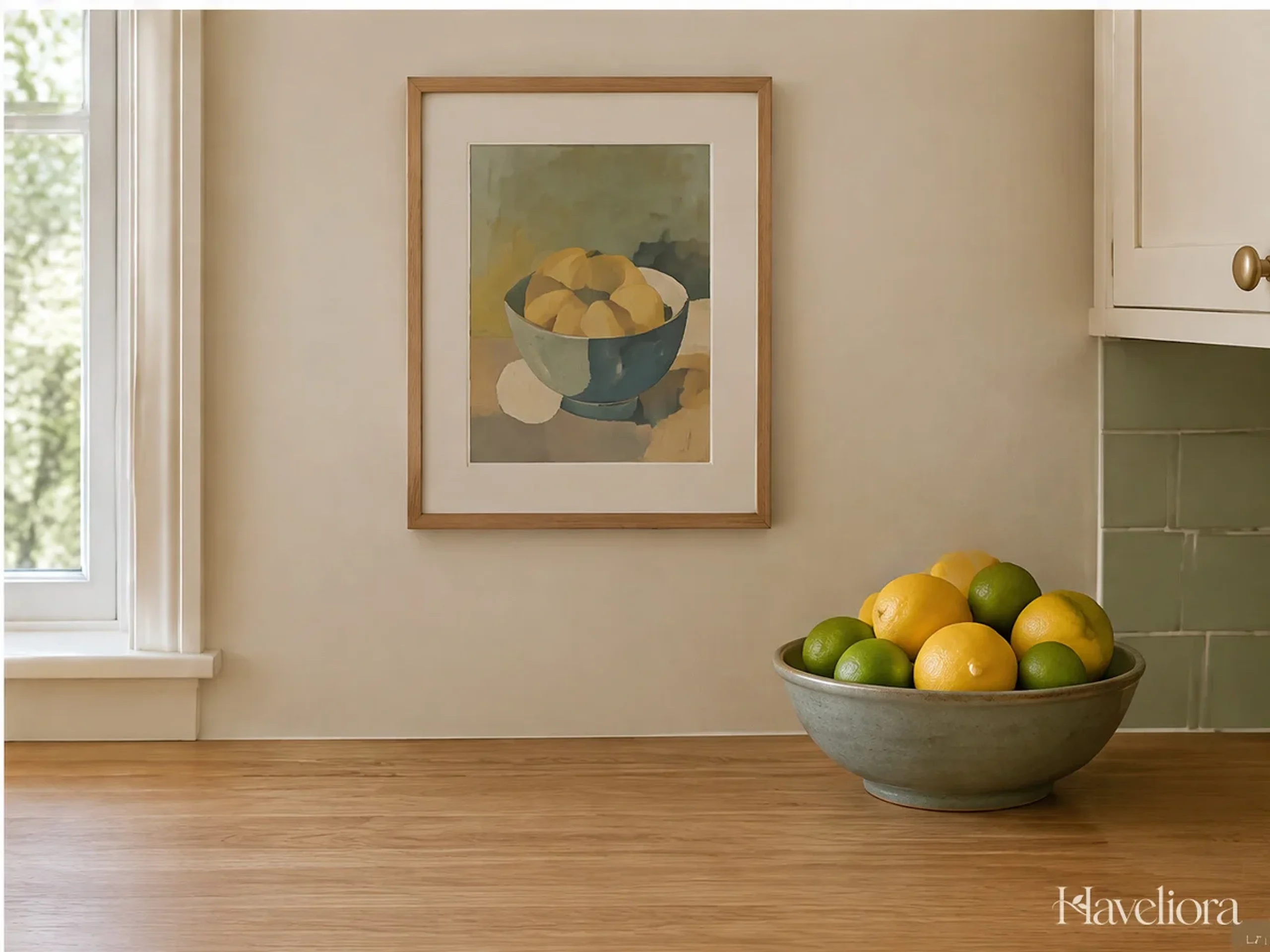 A small framed kitchen artwork on a dry wall with a simple bowl of citrus on a nearby counter.