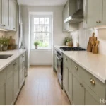 Small kitchen arranged for efficient prep, storage and clear circulation
