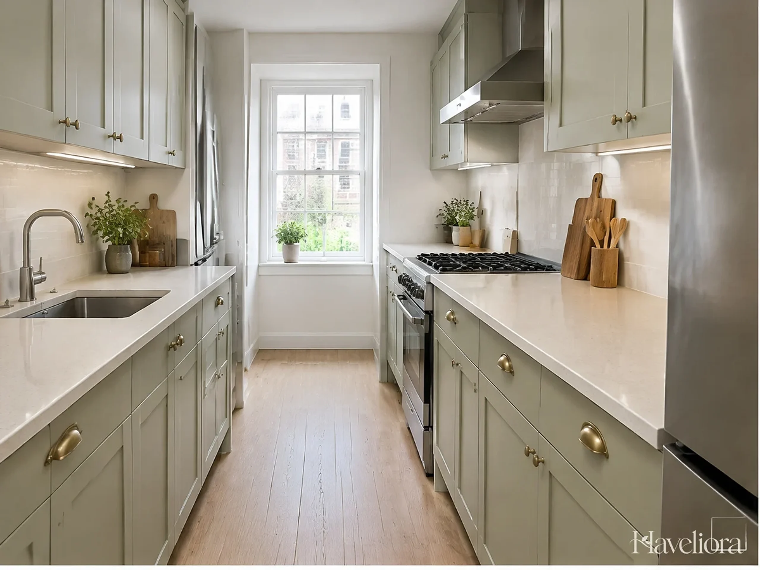 Compact galley kitchen with a clear central aisle and useful preparation counter.