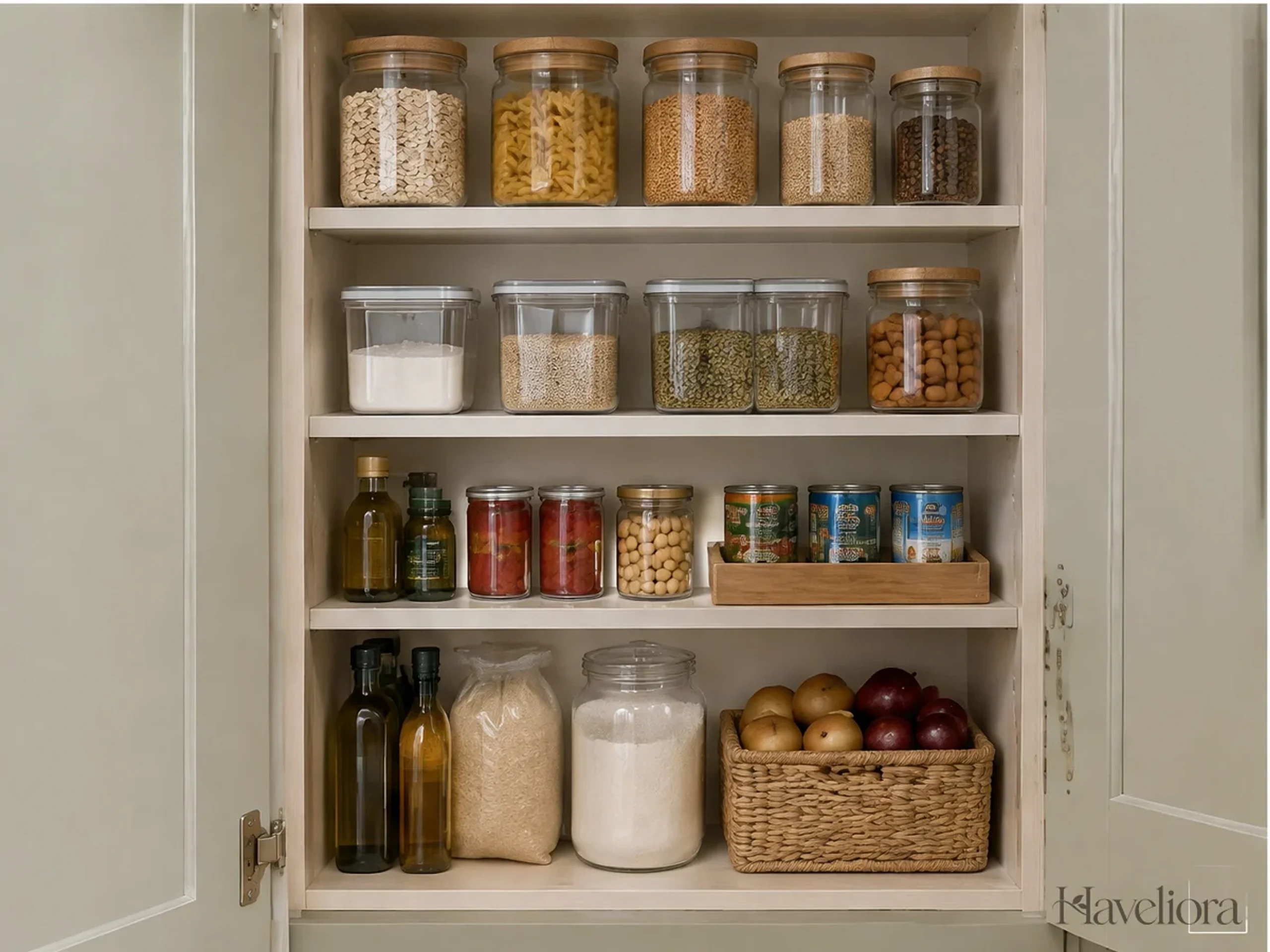 Shallow pantry shelves with orderly food containers and heavier items stored lower down.