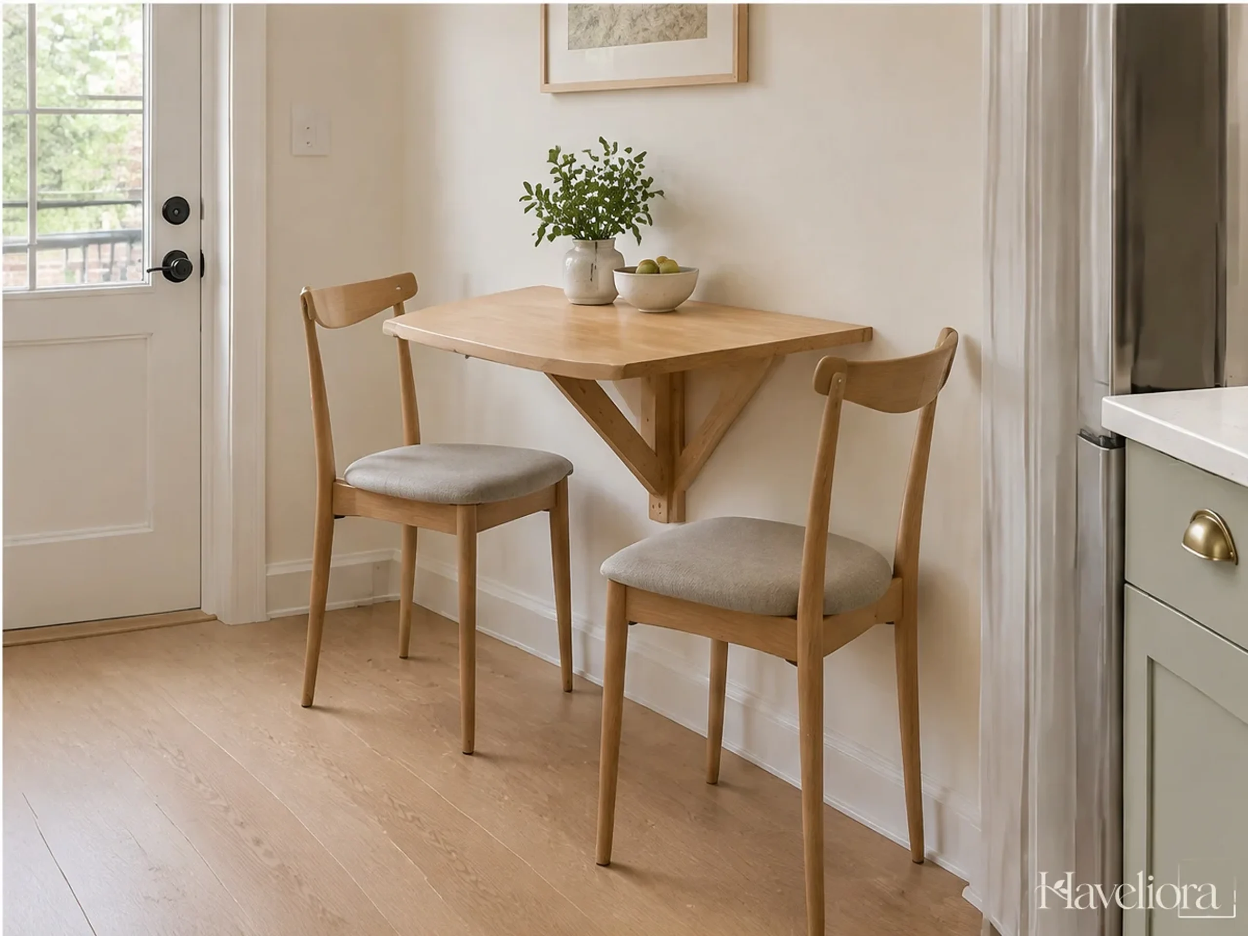 Small kitchen with a drop-leaf dining table and two slim chairs positioned clear of appliances.