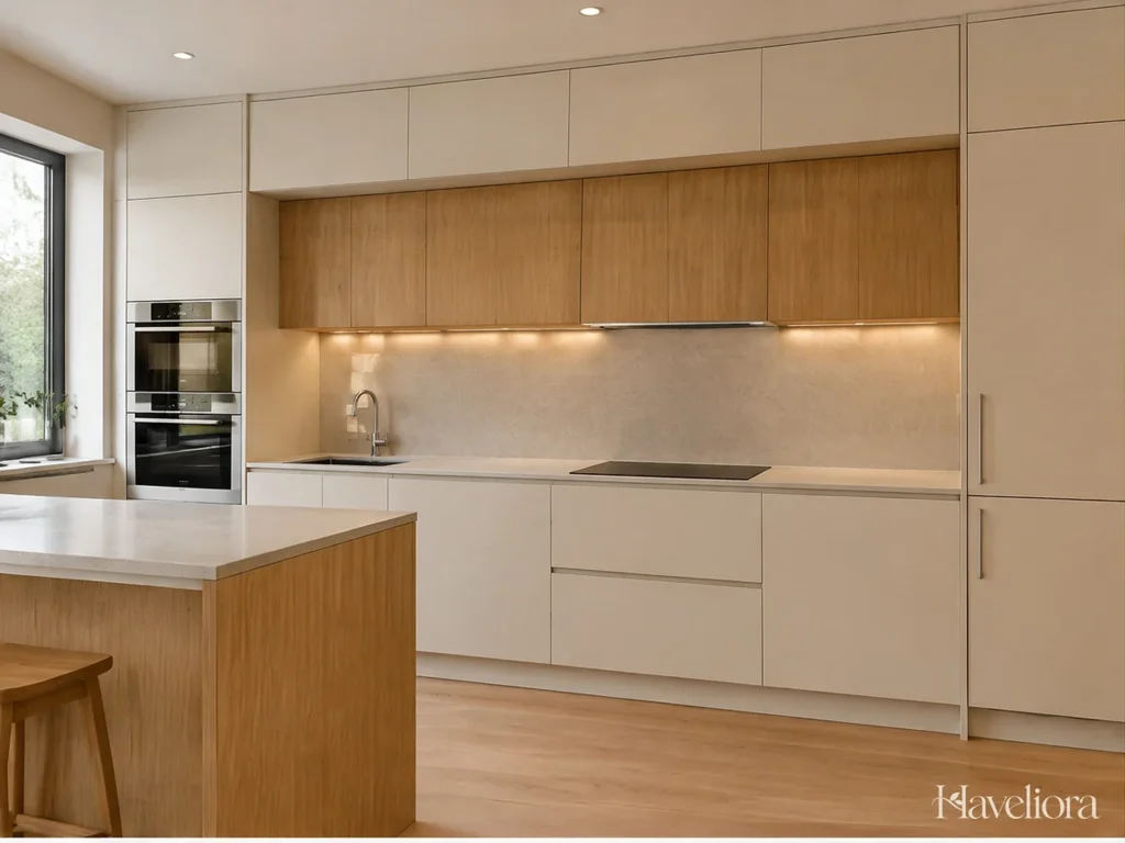 Modern kitchen with warm wood cabinetry, clean lines and pale stone surfaces