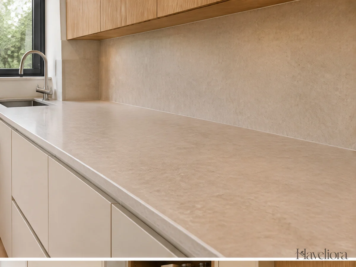 Clear modern kitchen worktop with a subtle stone-look pattern and a quiet continuous backsplash.