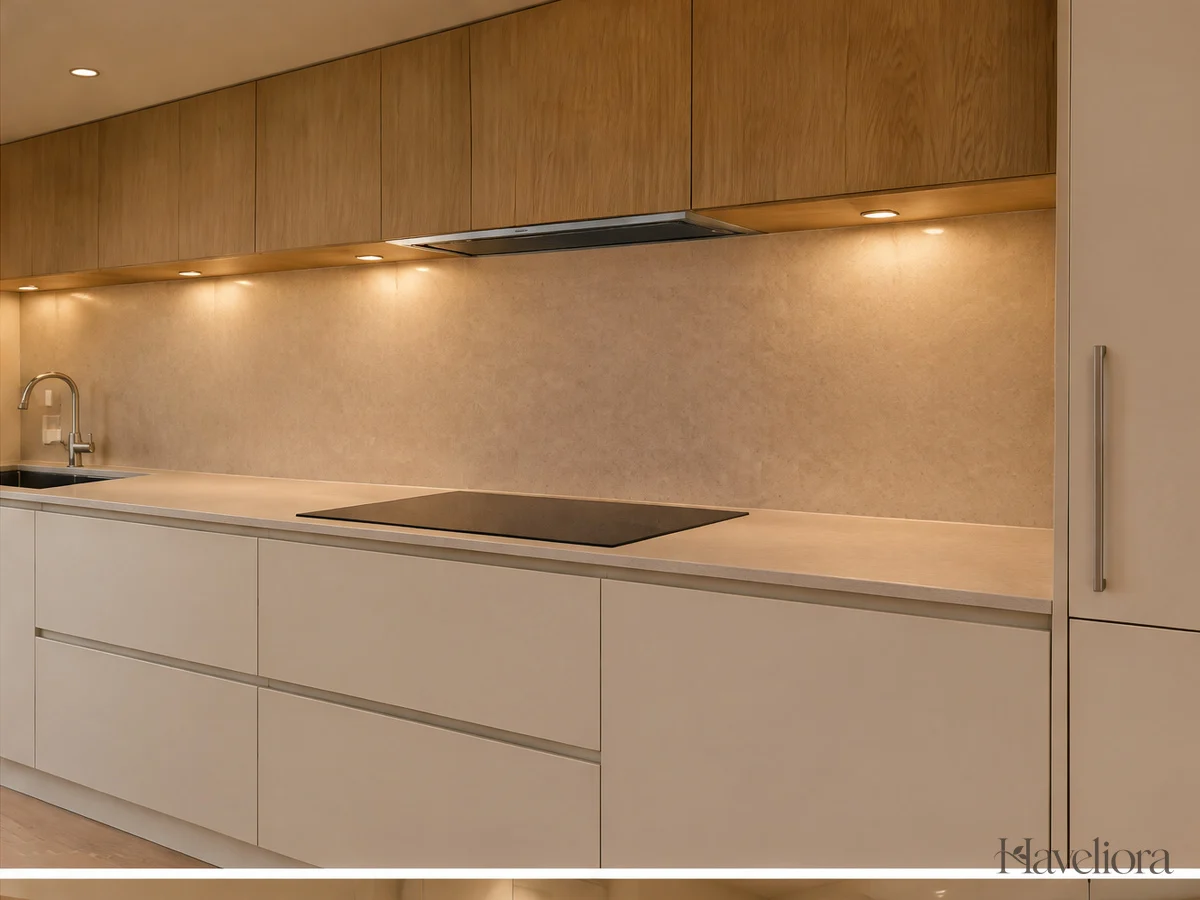 Modern kitchen with under-cabinet lighting illuminating the worktop and gentle overhead light.