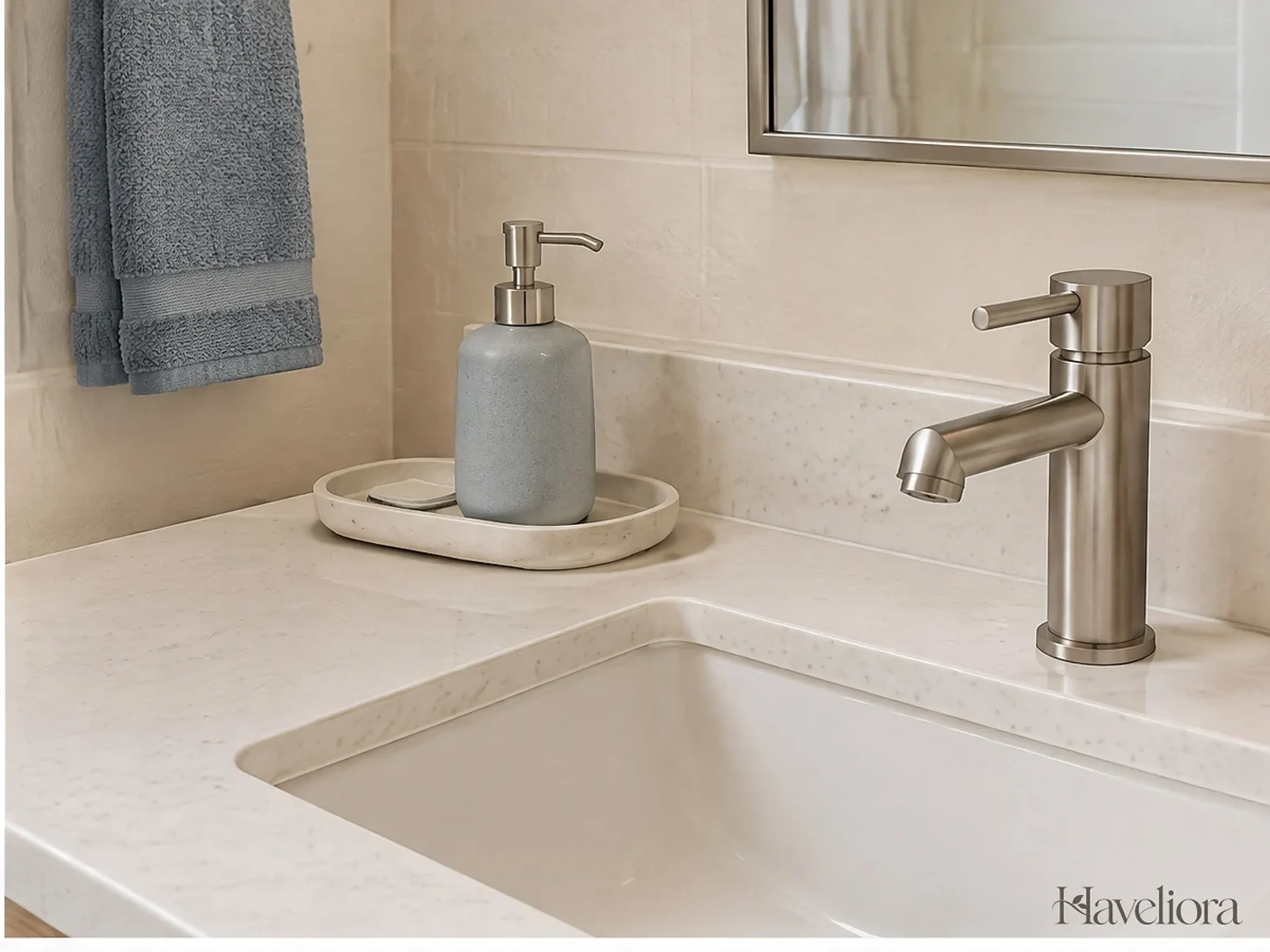 Bathroom vanity with one soap dispenser and a shallow washable tray beside an accessible faucet.