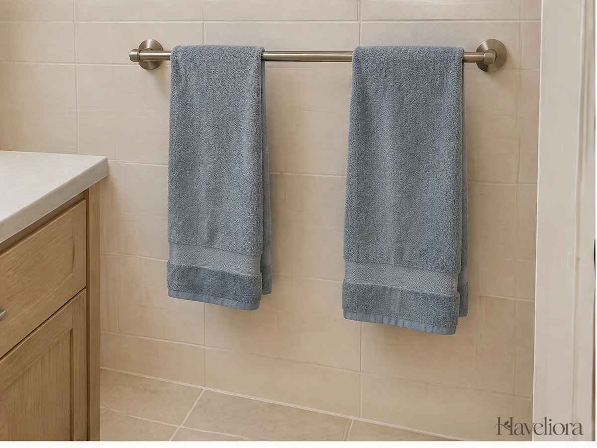 Simple wall rail with textiles spaced apart for air circulation in a compact room.