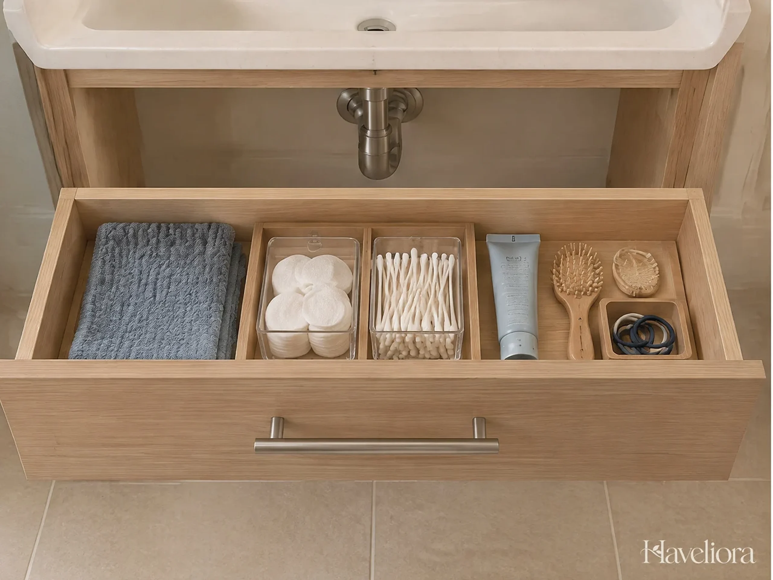 An organized bathroom vanity drawer with everyday items separated into practical sections.