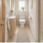 Small neutral bathroom with a shallow vanity and clear access around the fixtures.